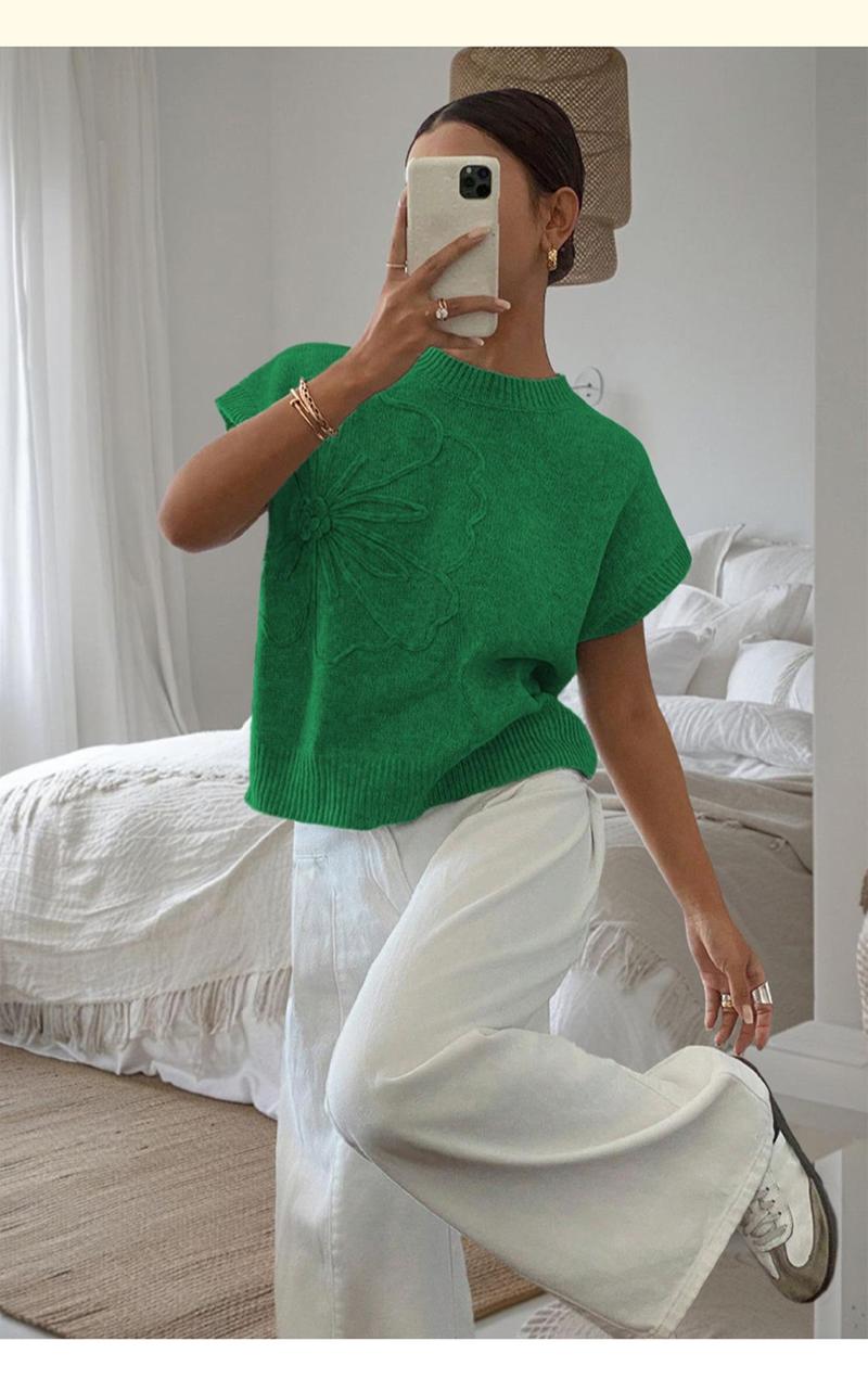 Women's Plain Flower Jacquard Semi-sheer Cable Knit Top, Casual Sleeveless V Neck Knitwear for Daily Wear, Ladies Clothes for All Seasons