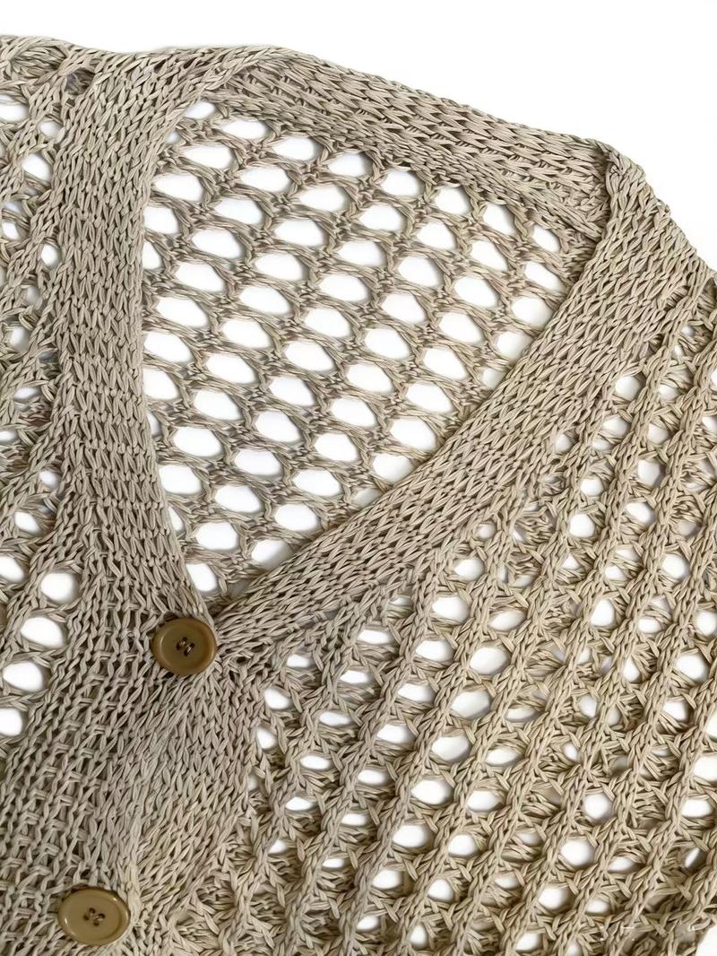 Women's Solid Color Button V-Neck Knit Cardigan Long Sleeve Hollow Out Sweater, Casual Fashion Pullover for Fall & Winter