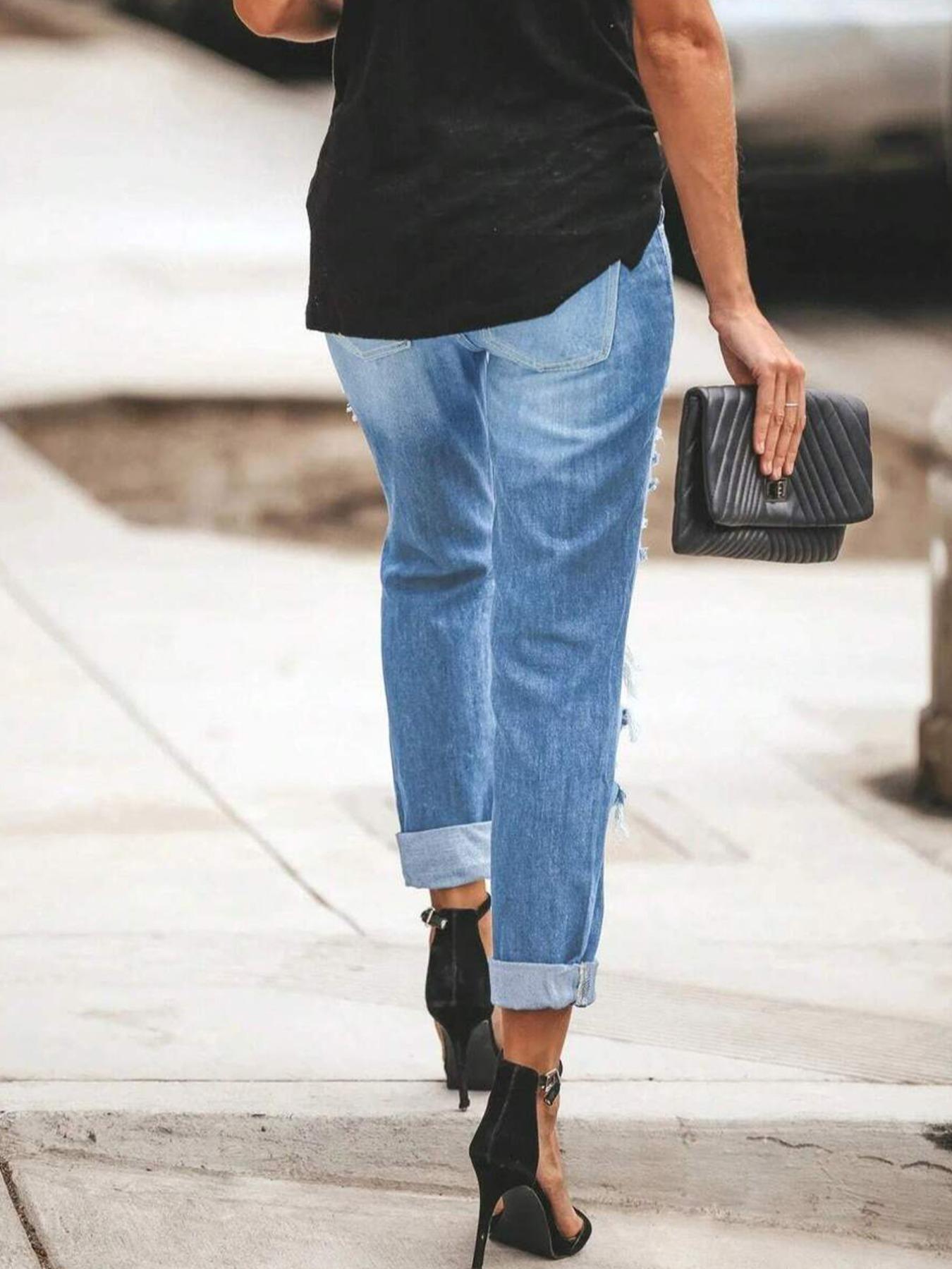 Women's Washed Denim Jeans Casual Fashion Ripped Slim Fit Straight Leg Pants Elastic Fabric All Seasons Versatile Date