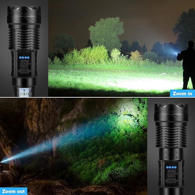 2-piece rechargeable zoom ultra bright flashlight, suitable for emergency power outages, outdoor camping, hurricanes Rechargeable LED battery powered, with 6 lighting modes and COB side lights Strong light, red and blue flashing flashlight