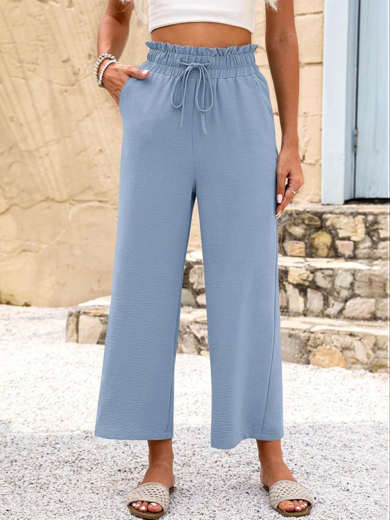 Women's Comfy Drawstring Casual Palazzo Pants, High Waist Cropped Lounge Trousers with Pockets, Fitted Organic Textile, All Seasons, Casual Fashion Trousers