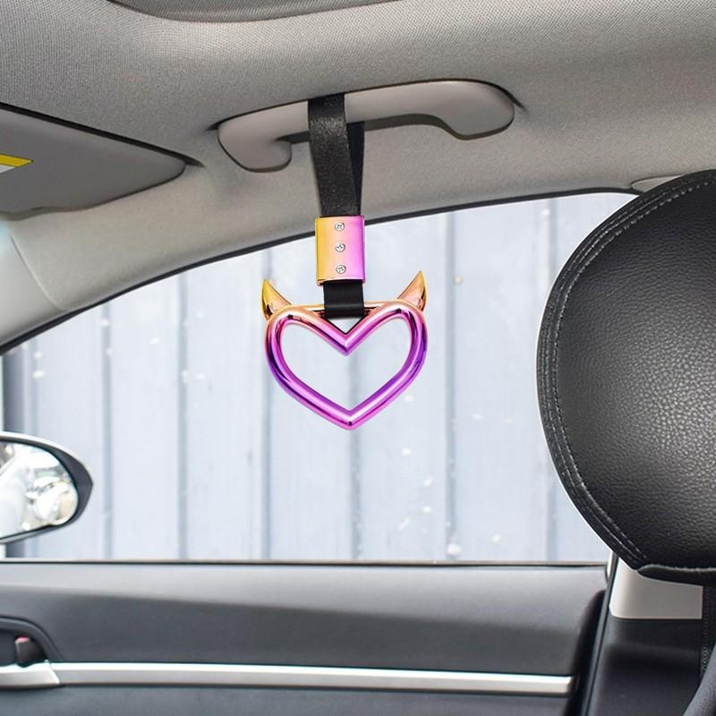Car Gradient Demon Horn Heart Pull Ring, Interior Exterior Modification Handle Ring, Tail Hanging Decoration, Car Personalized Decor & Auxiliary Handle