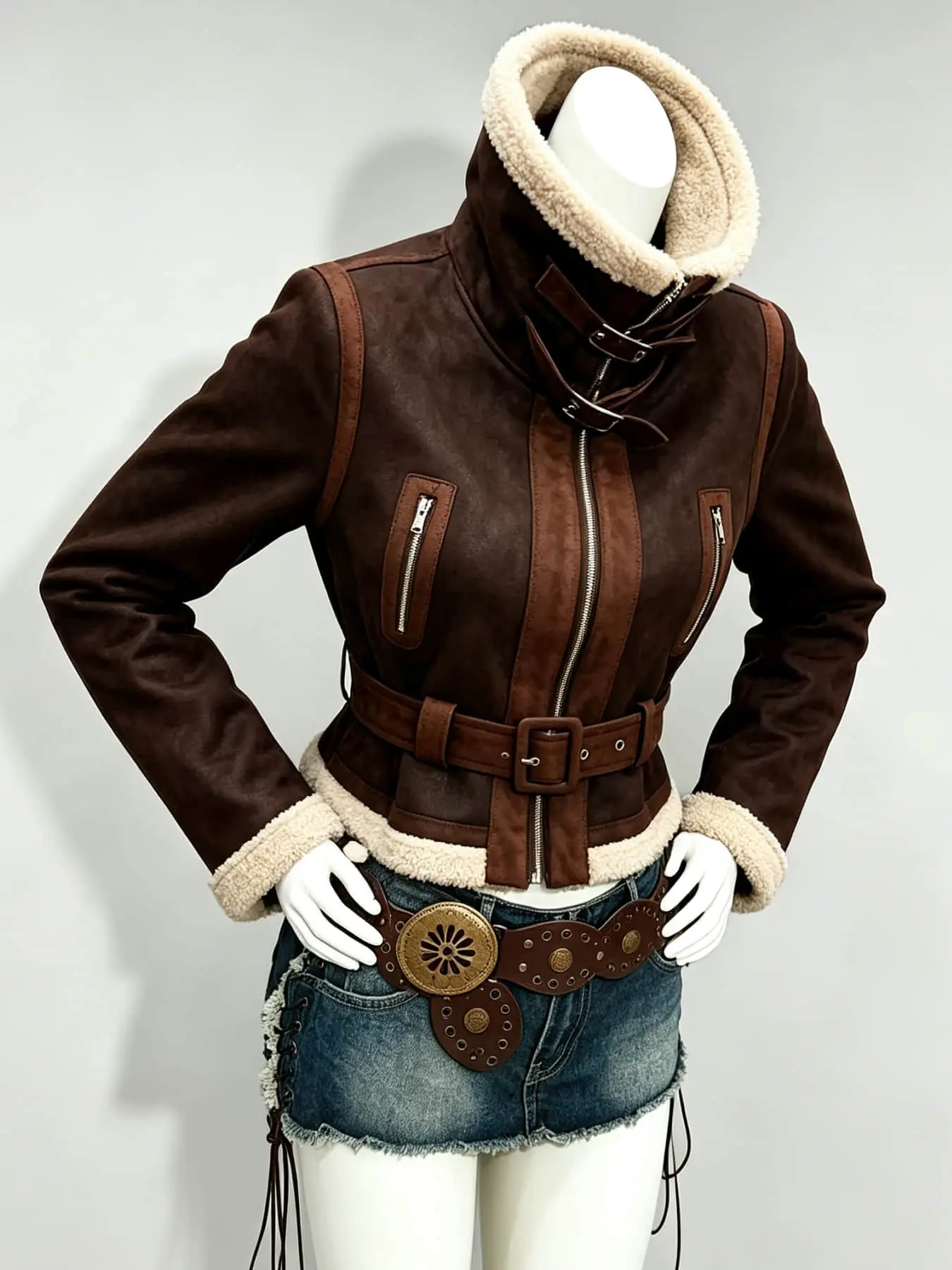 1 piece women's fashion double-faced fur lined coat, waist belt-adjustable plush thickened jacket, autumn/winter streetwear for commuting and daily shopping outings