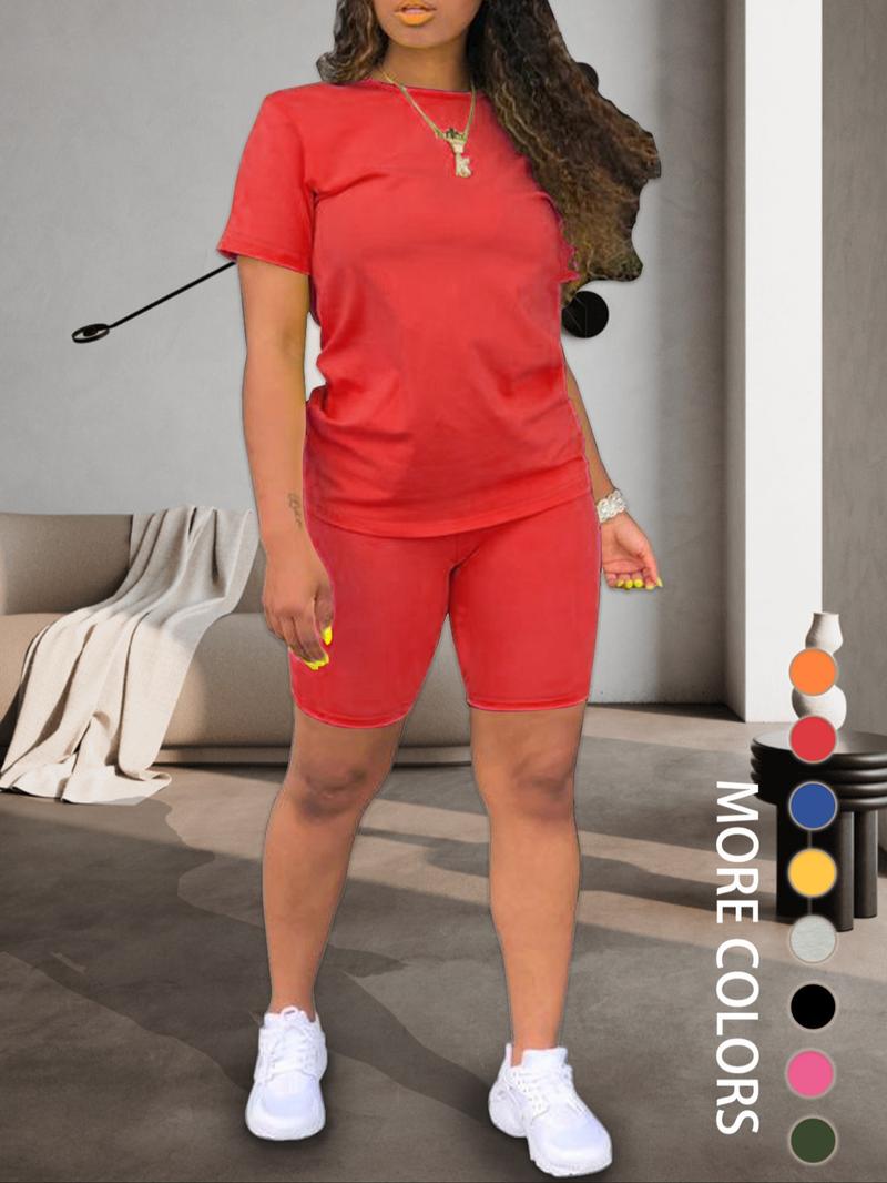 Two-piece Set Women's Plain Round Neck Tee & Skinny Shorts Set, Summer Clothes Women, Short Sleeve Crew Neck T-shirt & Shorts, Casual Summer Clothes for Outdoor, Cute Summer Outfit
