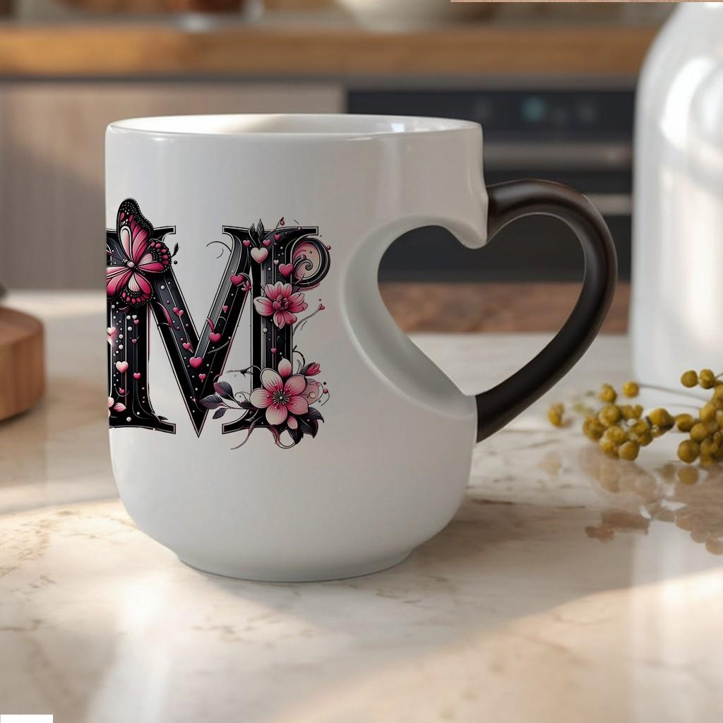 Butterfly Initials Heat-Sensitive Magic Mug, Ceramic Coffee Mug with Color-Changing Heart Design, Personalized Ceramic Cup Gift for Valentine's Day and Mother's Day