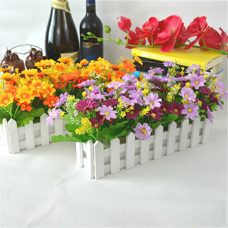Artificial Plant Decor Set - Chrysanthemum, Eucalyptus Fake Flowers, Wooden Fence & Small Potted Decorative Props for Home Living Room, Wedding Display