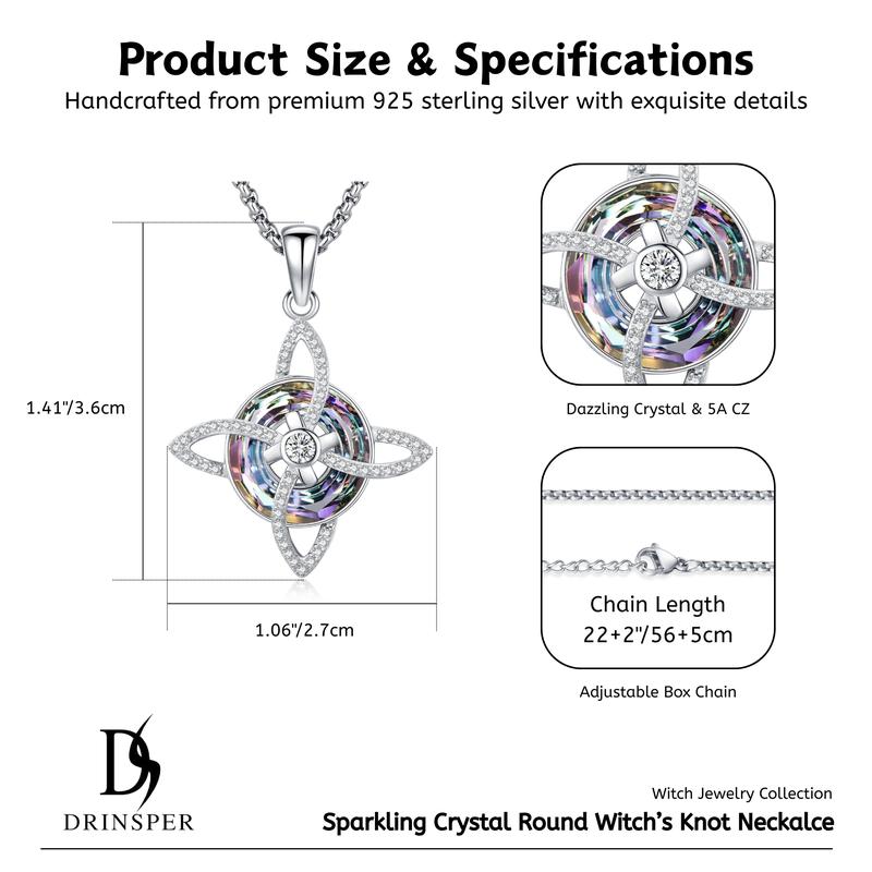 DRINSPER S925 Witch's Knot Crystal Necklace Celtic Knot Crystal Healing Necklace 925 Sterling Silver Pendant, Pagan Wicca Moon Jewelry for Women, Trinity Knot Design, Nudo de Plata Collar, Protection and Mysticism Amulet Jewelry Accessories Gift for Girls