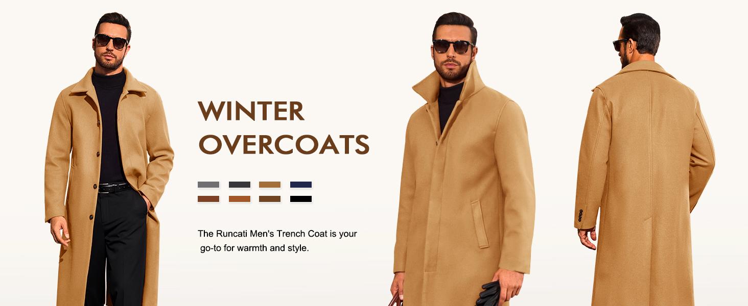 Runcati Mens Long Trench Coat Single Breasted Lapel Overcoat Casual Fall Winter Warm Peacoat Fashion Jackets