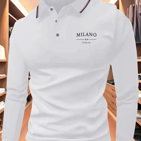 Men's Long Sleeve Golf Polo Shirt, Letter Print, Casual Sportswear for Spring & Fall, Lightweight Business Style