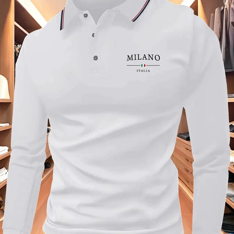Men's Long Sleeve Golf Polo Shirt, Letter Print, Casual Sportswear for Spring & Fall, Lightweight Business Style