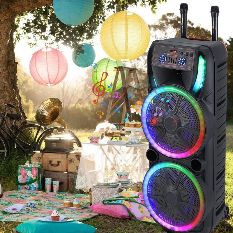 Dual 15 inch Karaoke Speaker System W/ 2 Microphone Portable Party Box Loud Big Speaker Wireless Bluetooth Stereo Rechargeable Remote Control LED Lighting