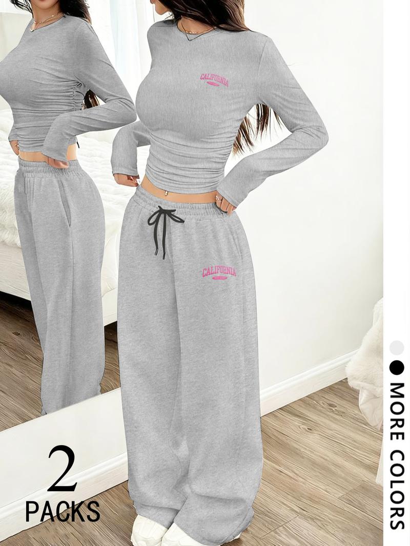Y2K Campus Sweet Girl Back-To-School Set, Ruched Top & Wide Leg Pants, Youthful and Stylish, Perfect for Daily Wear