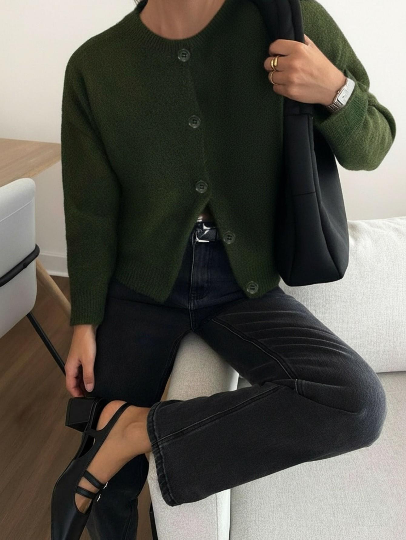 Autumn Winter Women's Casual Knit Cardigan, Elegant Vintage Round Neck Sweater, Simple Lazy Style, Long Sleeve Pullover