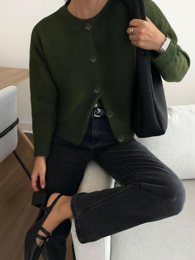 Autumn Winter Women's Casual Knit Cardigan, Elegant Vintage Round Neck Sweater, Simple Lazy Style, Long Sleeve Pullover