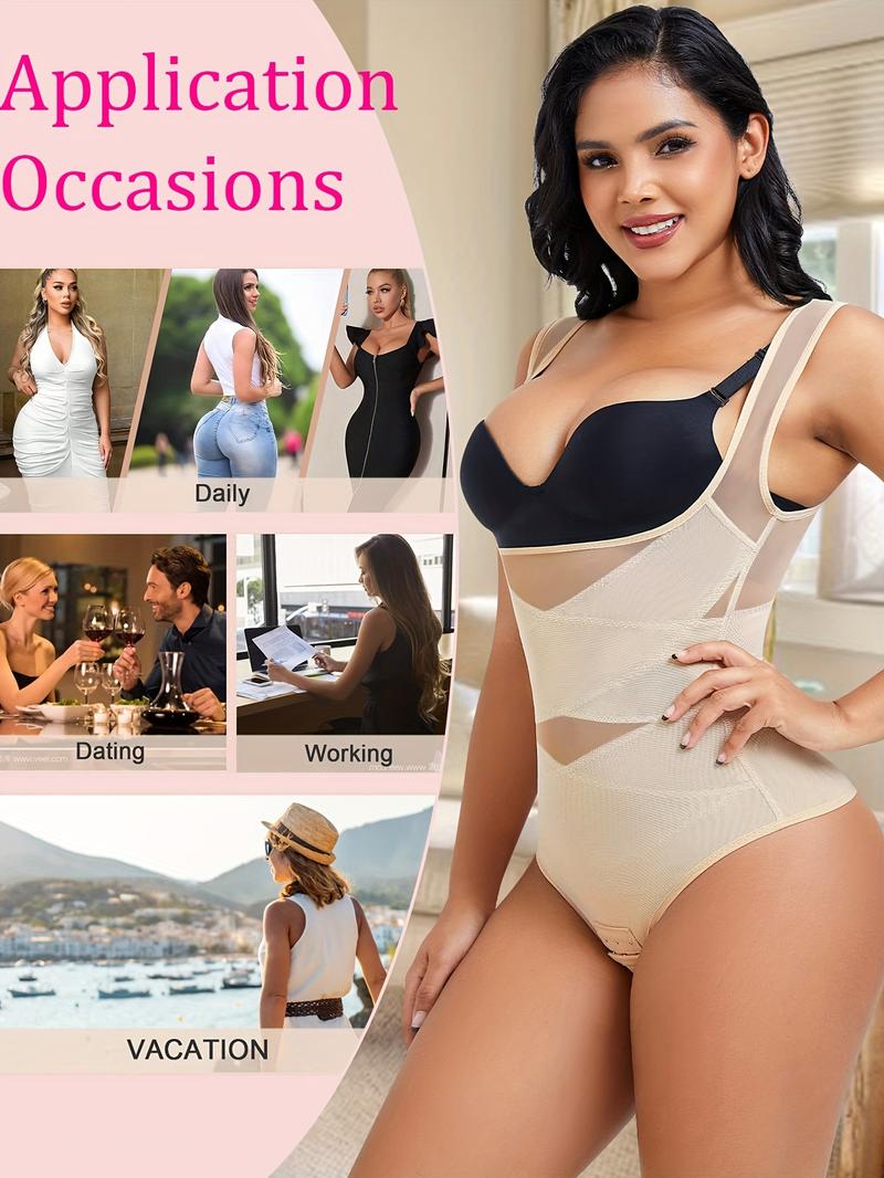 Women's Contrast Mesh Thong Design Shapewear Bodysuit, High Stretch U Neck Tummy Control Shapewear Clothing, Ladies Shapewear for Daily Wear, Garment