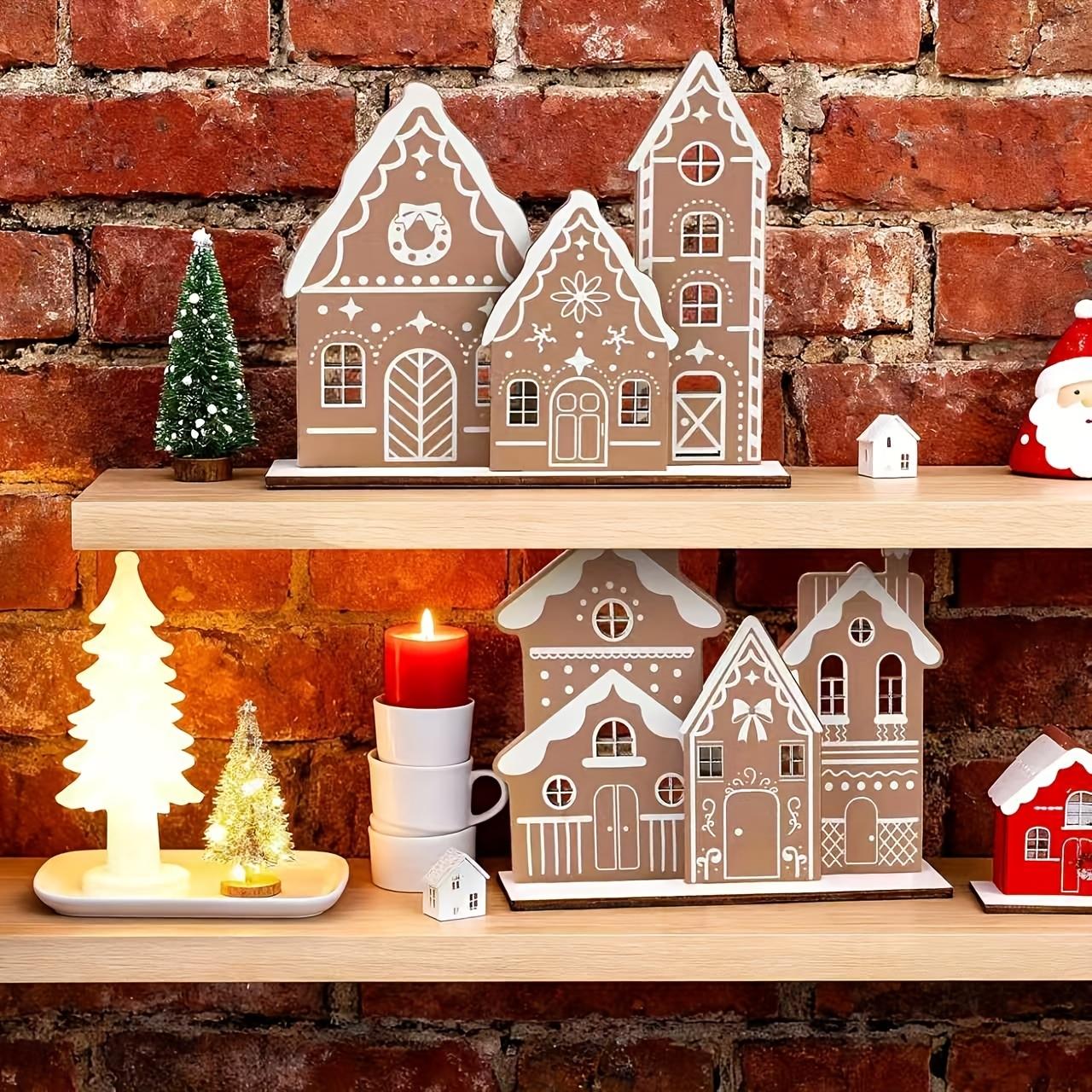 Christmas Gingerbread House Table Decor Set, Wooden Gingerbread House Kit with 6 Mini Houses and 2 Bases, DIY Farmhouse Holiday Display, Rustic Desktop Ornament