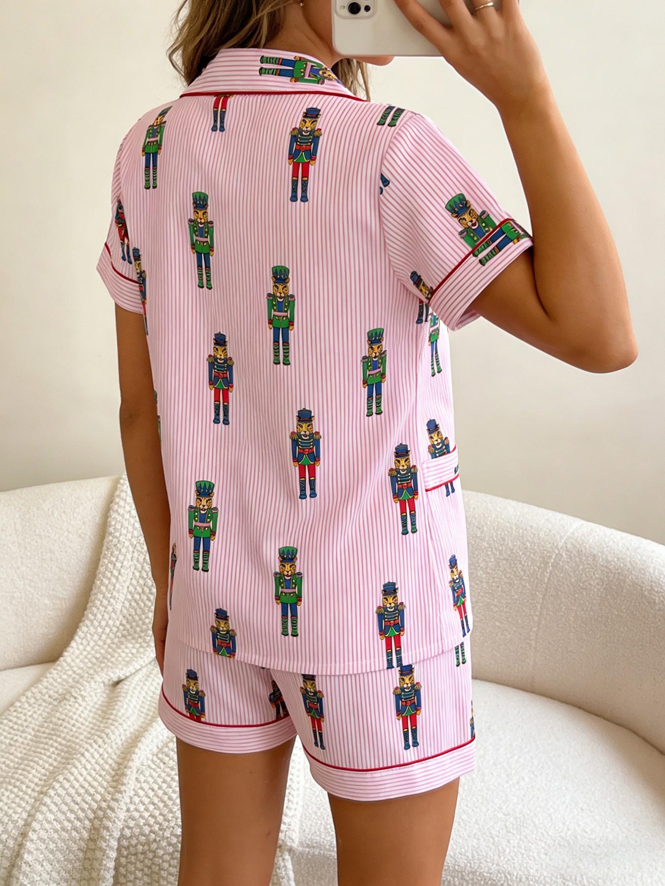 Women's Short Sleeve Button Down Top and Shorts Pajama Set, Spring Summer Wear, For Nutcracker Fairy Tale Lovers, Pink Stripe Colorful Nutcracker Soldier Print, Classic Lapel Collar, Loose Fit, Comfortable For Home & Holiday Gatherings