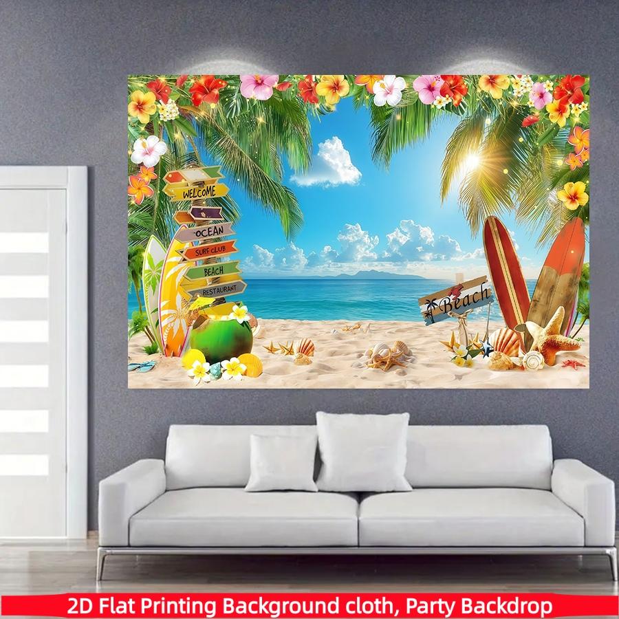 Hawaiian beach background banner, summer Hawaiian tropical palm tree photography background, polyester material, suitable for indoor/outdoor Hawaiian parties, birthdays, weddings, summer decoration, photo booth background, holiday party supplies