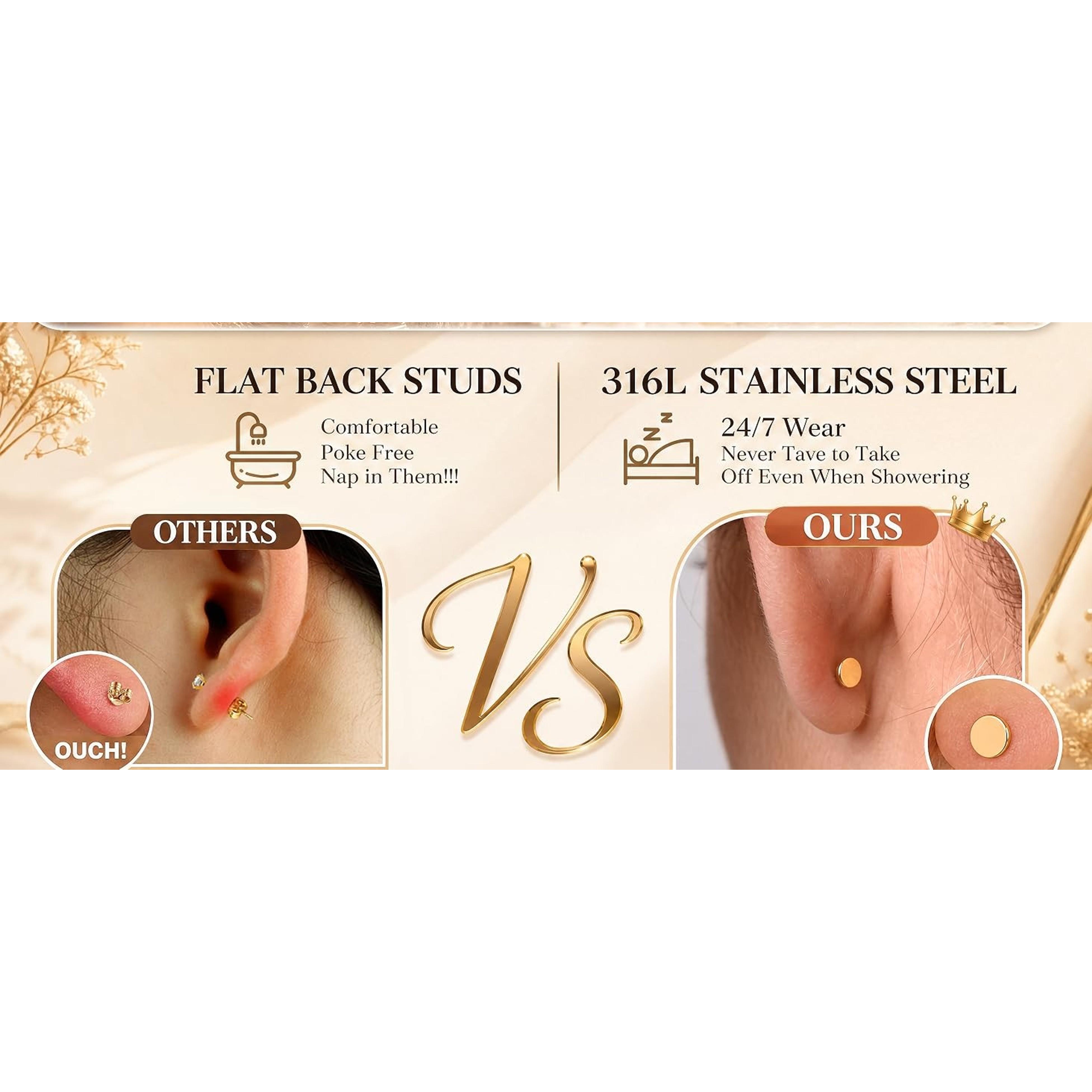 18G Surgical Steel Flat Back Stud Earrings - Hypoallergenic Threadless 18G Surgical Steel Flat Back Stud Earrings - Hypoallergenic Threadless
