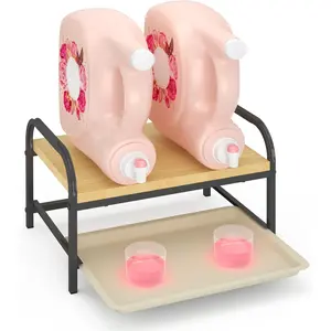 2-in-1 Laundry Detergent Holder & Organizer with Drip Tray, 2-Tier Metal Shelf for Countertop - Soap Dispenser & Storage Stand for Laundry Room, Kitchen, Bathroom, Black