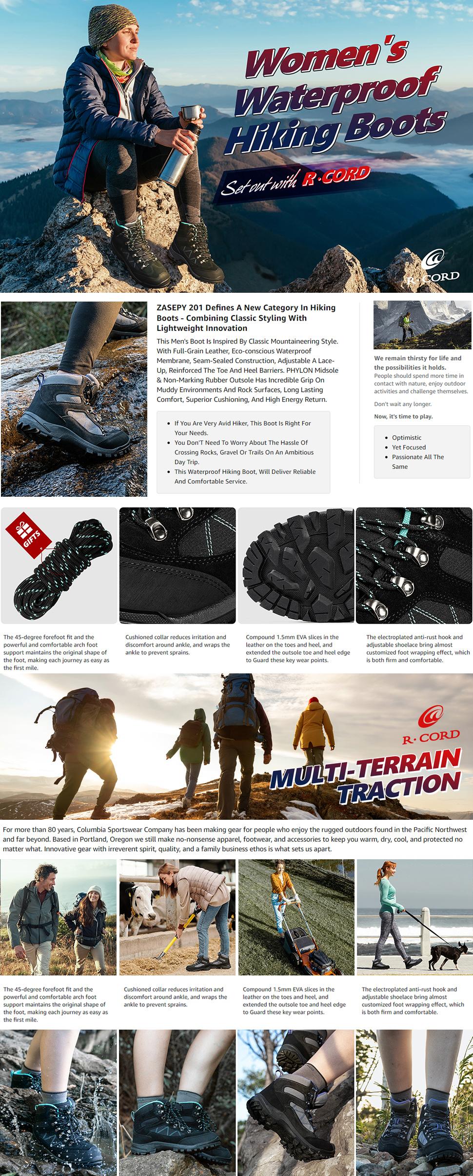 R CORD Hiking Boots Women Waterproof Ankle Support Backpacking Boots Breathable Non-Slip Durable Hiking Boots for Outdoors Matching Shoes Stability