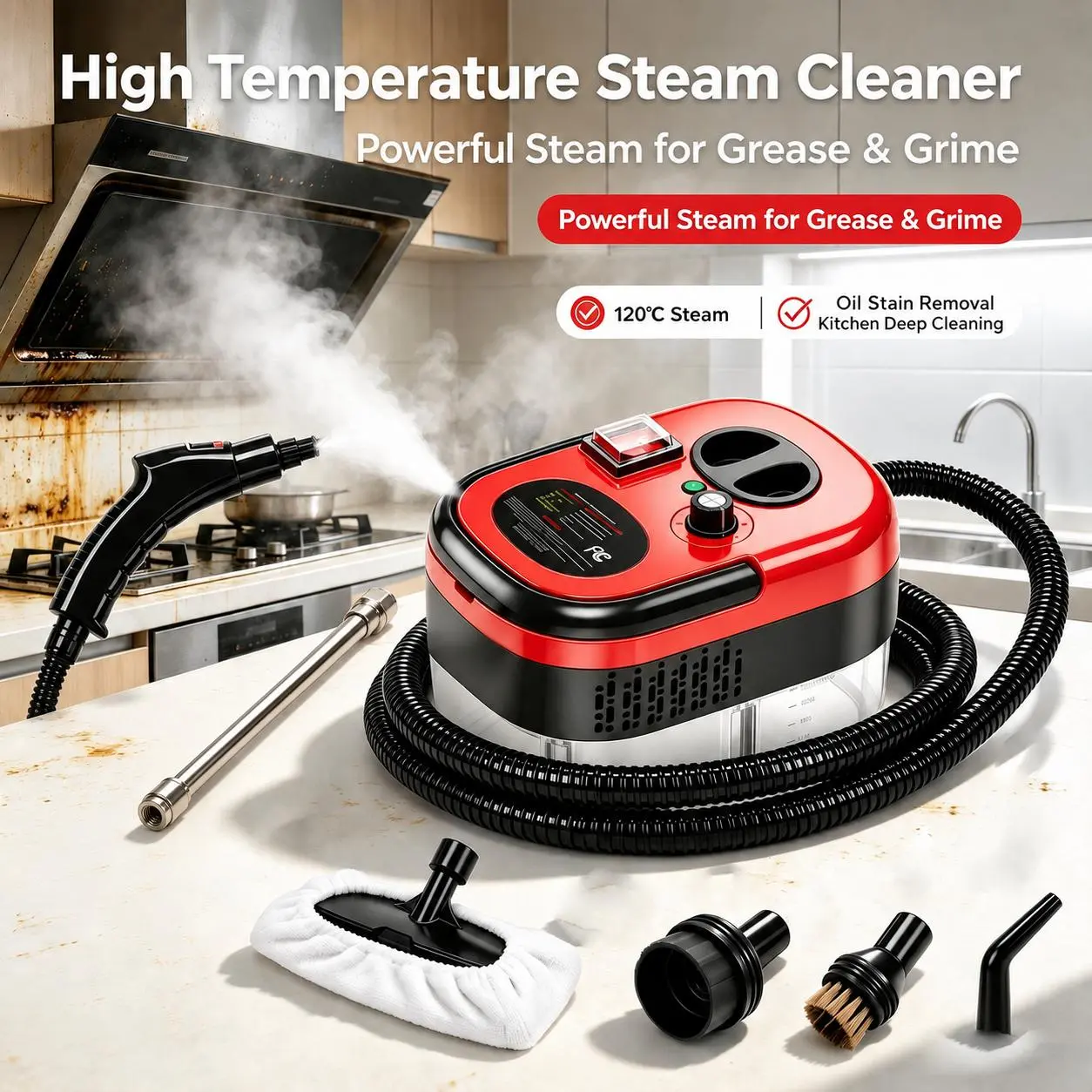 【BackToSchool】2500W Portable High Pressure Steam Cleaner, 3-Gear Temp Control Handheld Steamer with Metal Wands, Steam Cleaner for House, Deep Cleaning House Supplies, Chemical-Free Multi-Purpose Machine with Full Accessories