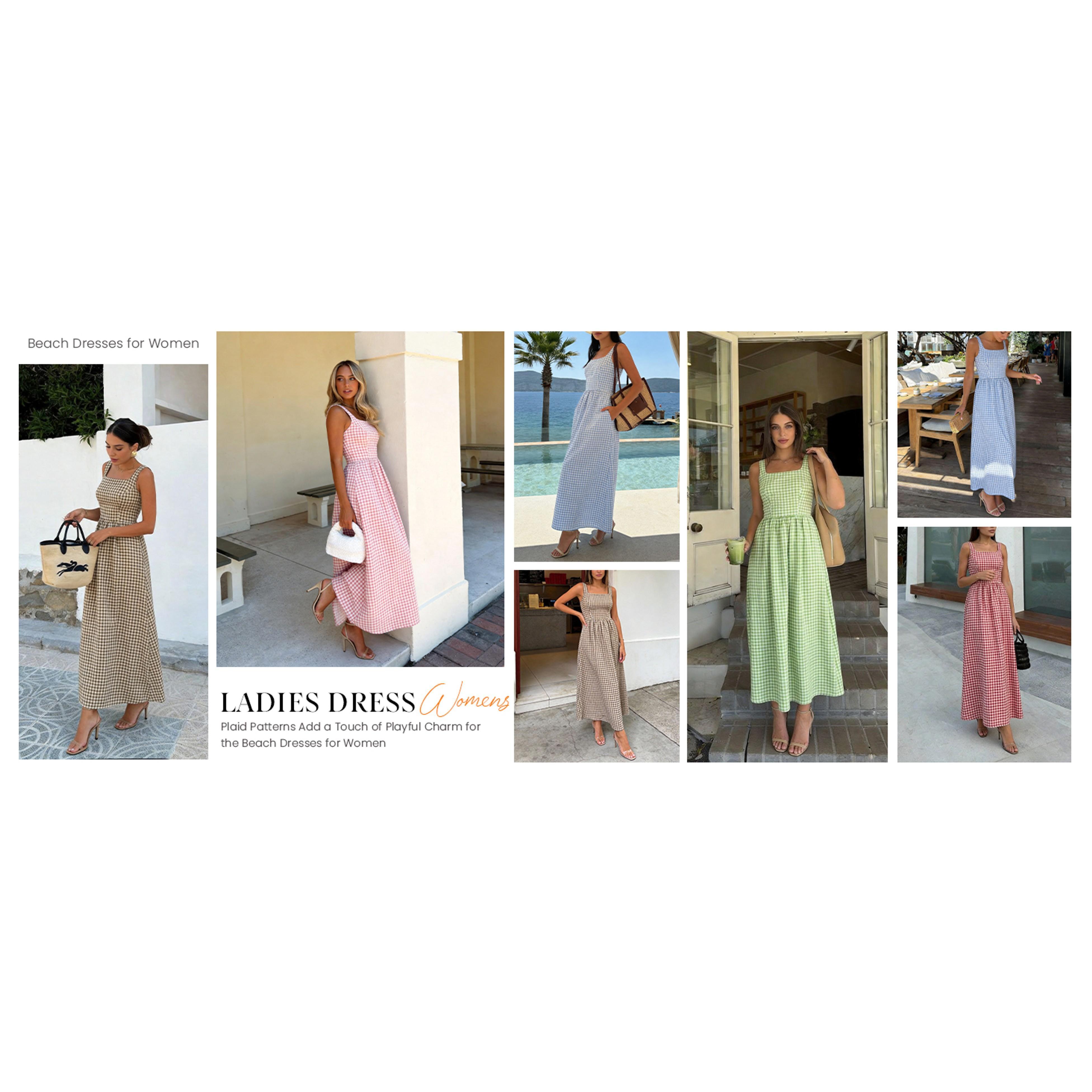 Women's 2026 Summer Spaghetti Strap Maxi Dresses Plaid Square Neck A Line Casual Beach Vacation Long Sundress Women's 2026 Summer Spaghetti Strap Maxi Dresses Plaid Square Neck A Line Casual Beach Vacation Long Sundress
