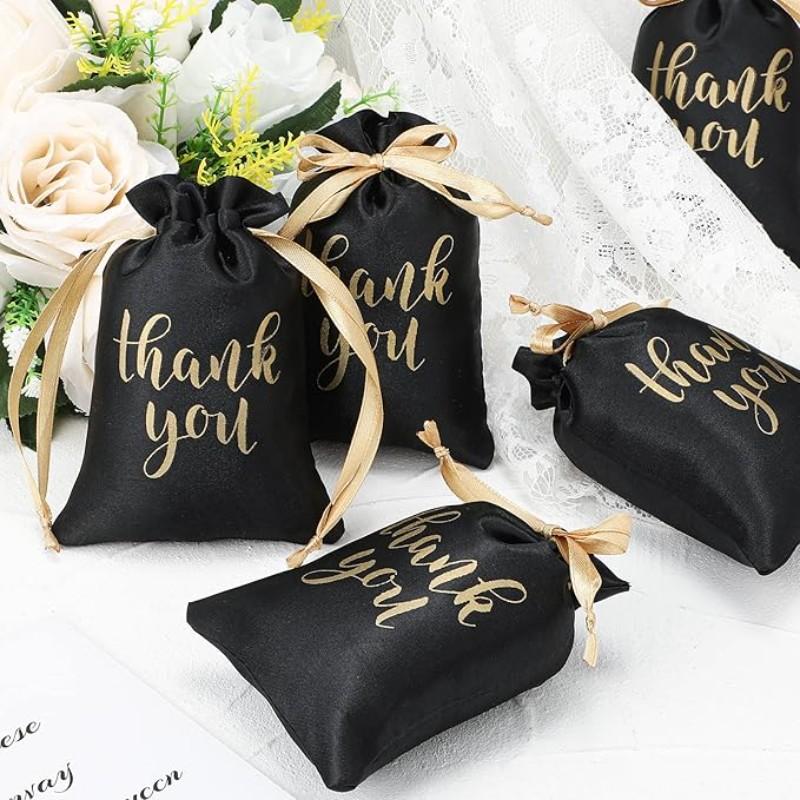 10/30 Pcs Thank You Satin Gift Bags with Drawstring Jewelry Candy Pouches for Wedding Bridal Baby Shower Employee Appreciation Birthday Party Thank You Bags Gift Wrap(Black, Gold,4 x 6 Inch)