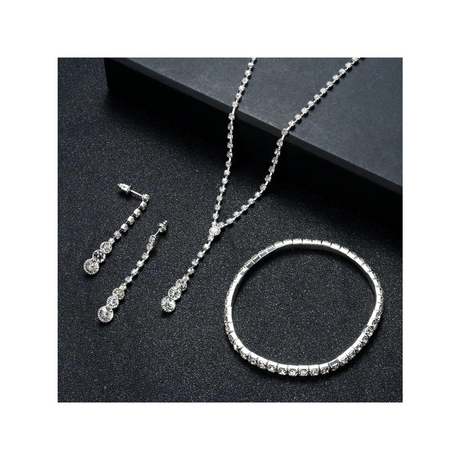 One Set Silver Bridal Jewelry Set Rhinestone Necklace Bracelet Dangle Earrings for Bride Bridesmaid Teardrop Pendant Crystal Wedding Prom Jewelry Accessories for Women