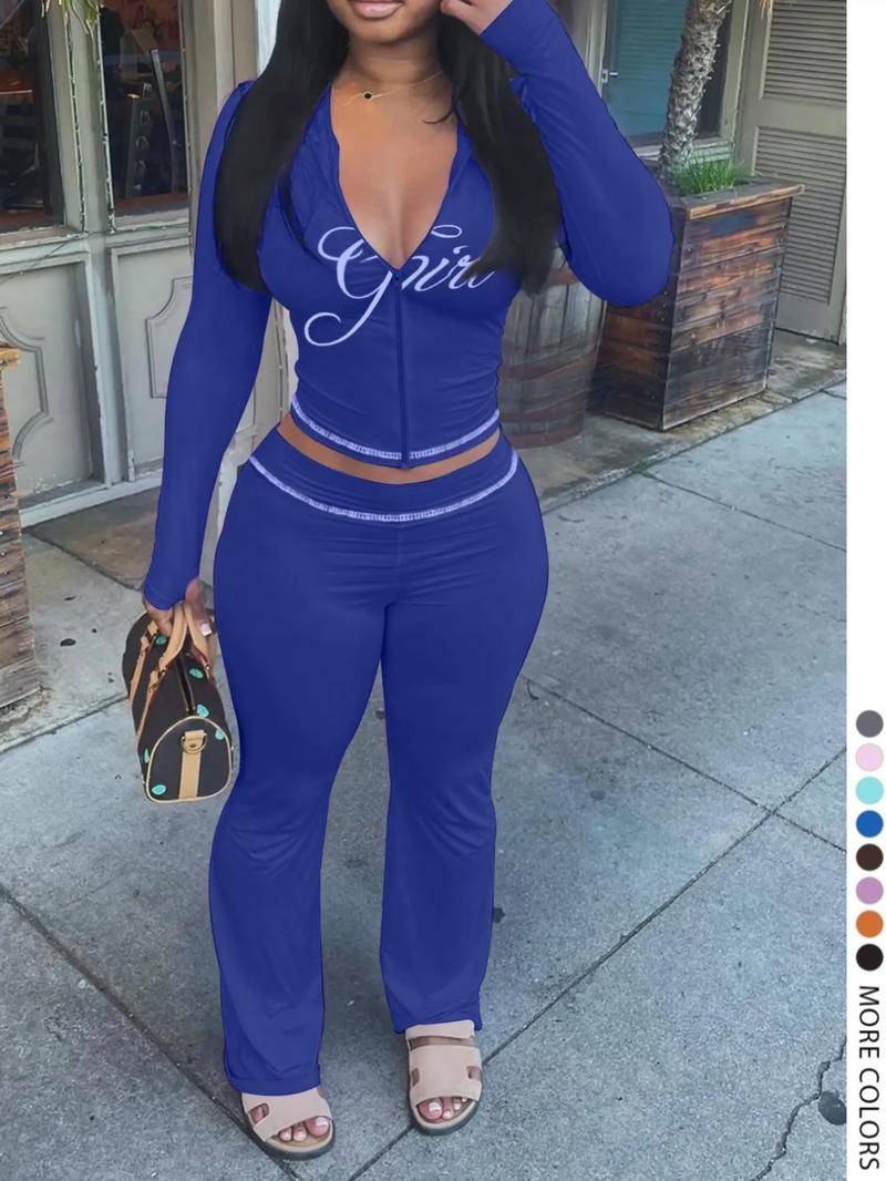 【LovelyWholesale】Women's Casual Sporty Cute Colorblock Print Zipper Design Top Flared Long Pants Set, Lovely Wholesale Us Fashion