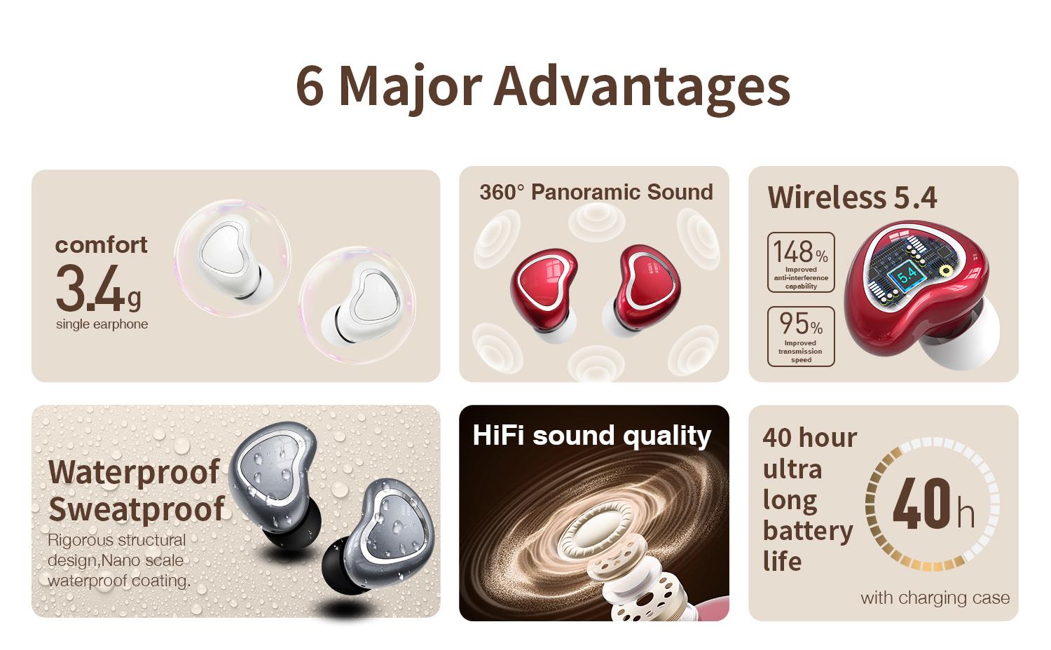HYUNDAI F9 Heart Shaped Wireless Earphones, Cute Women's Wireless Earbuds，Light-weigh Sports Headset for Work, Hiking, Running and Outdoor Activities