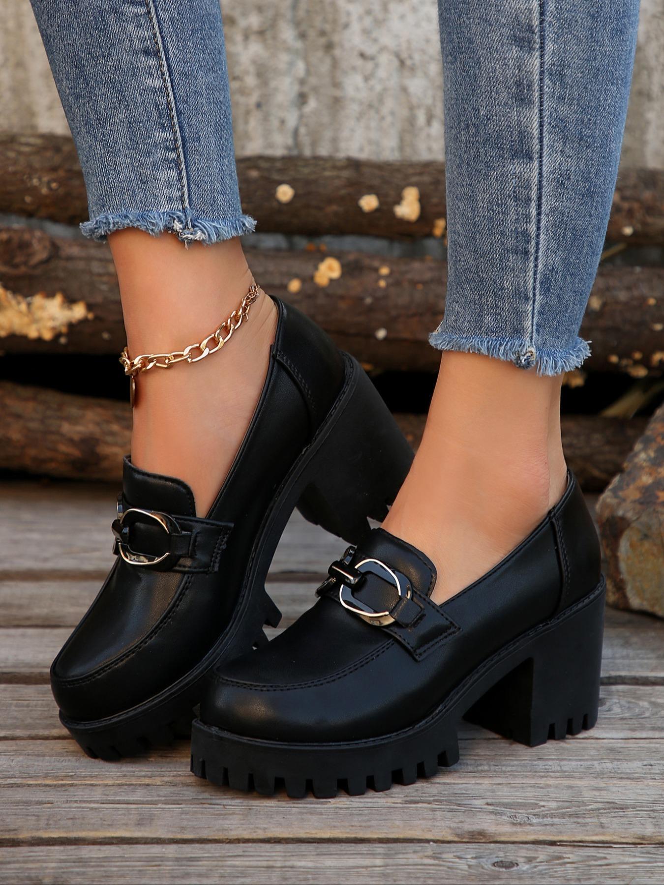 Women's Fashion Elegant Classic High Heels, Chunky Pumps, Metal Decor Faux Fur Design, Stage Style Thick Sole Punk Shoes, All Season Wedding Comfortable Wear