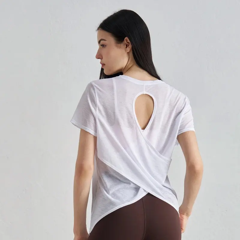 Women Bamboo Rayon Workout Top Breathable Yoga Shirt with Back Cut Out Design for Summer Fitness Training Running Gym Wear Soft Lightweight Tee