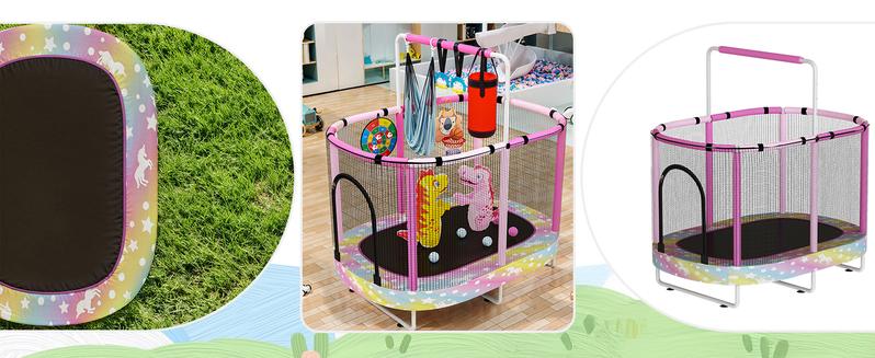 Lamerge Kid Trampoline, Bouncing Trampoline for Toddlers, ASTM-Approved with Safety Enclosure Net, Elliptic Design, 500lbs Capacity, Ages 1-8, Adjustable Handrail, 7-in-1, 60" Silent Basketball Hoop trampoline excellent gift for Christmas and New Year