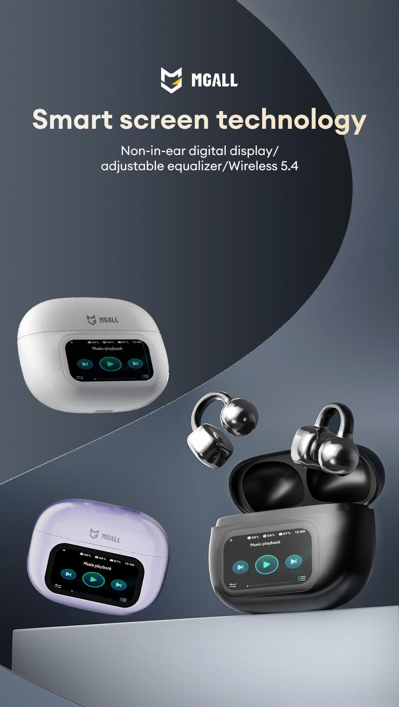 MGALL C02 Clip-On Ear Headphones with LCD Full Color Touch Screen, 2025 New Bluetooth 6.0 for Faster, More Stable Connection & Lower Power Consumption, Audio Wireless Headphones for Music & Phone Calls