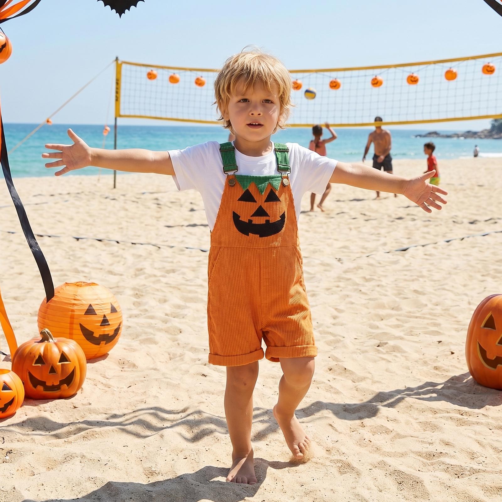 Toddler Baby Boy Halloween Overalls with Pockets Ribbed Devil Face Pattern Sleeveless Jumpsuit