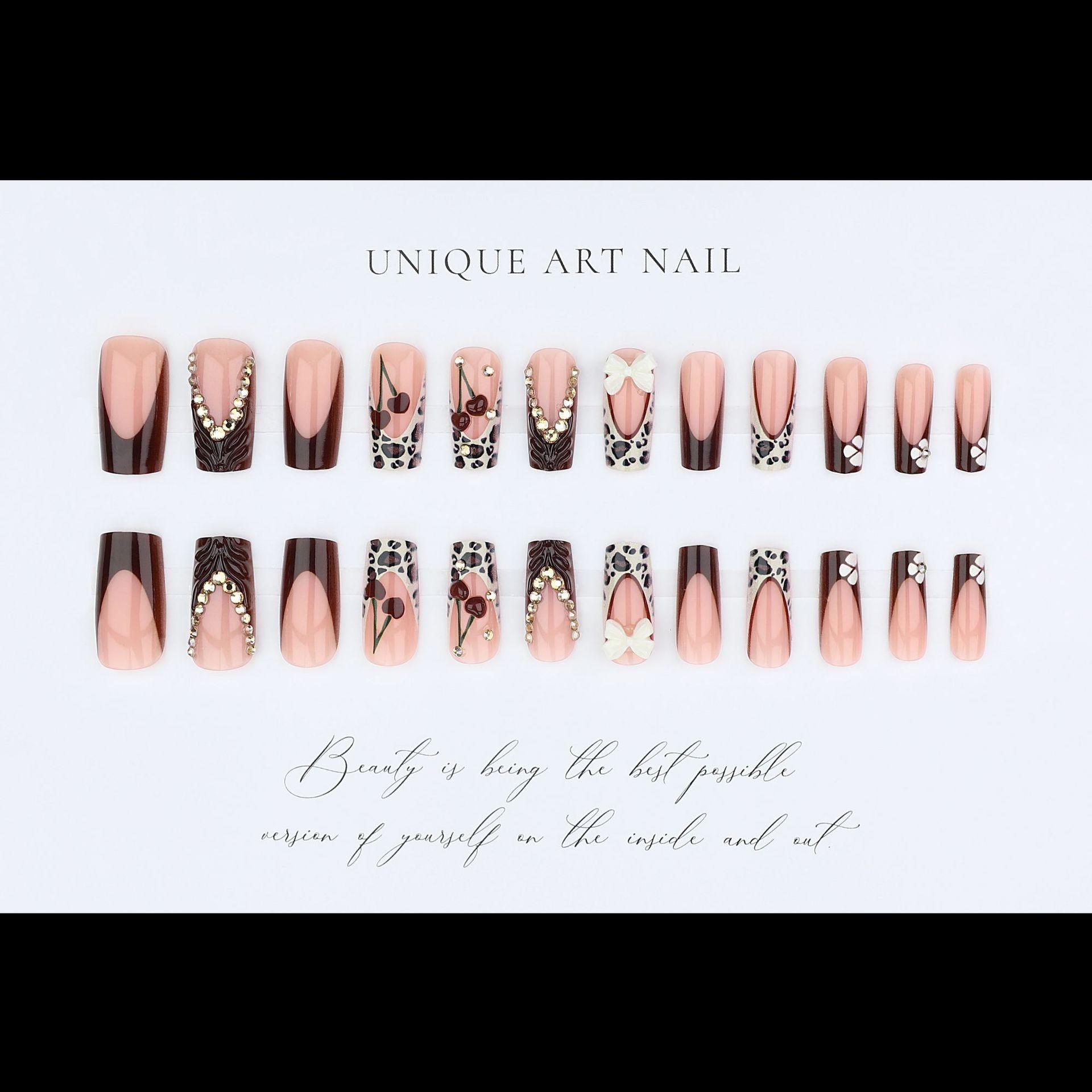 New Fashion Square Leopard Print Cherry Nail Tips, Nude Base with Wine Leopard Edge, Glitter Butterfly Design, Detachable False Nails