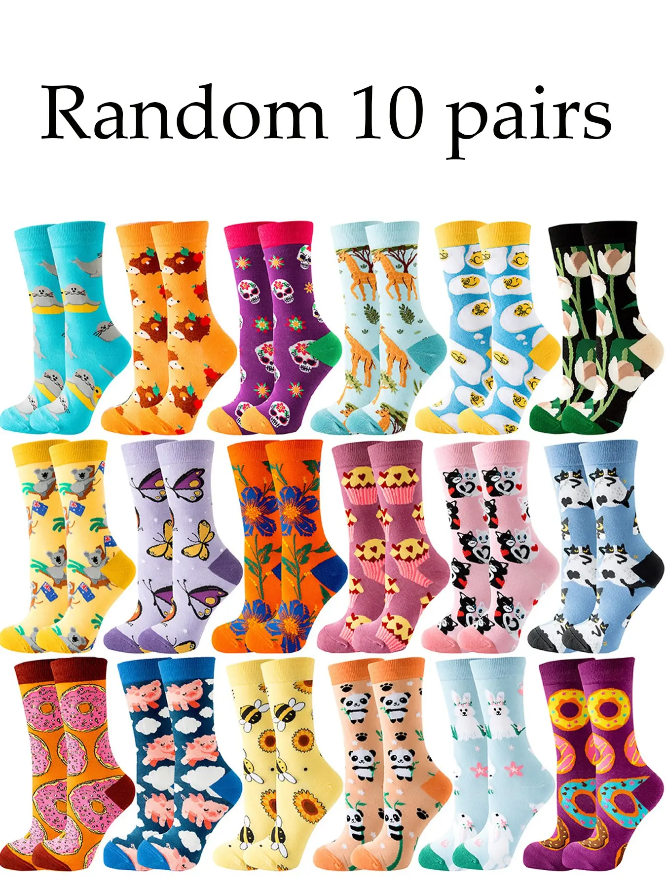 Random 10 Pairs Colorful Cartoon Animal Floral Crew Socks, Fun Full Print Illustrations, Trendy Unisex Comfortable Crew Socks