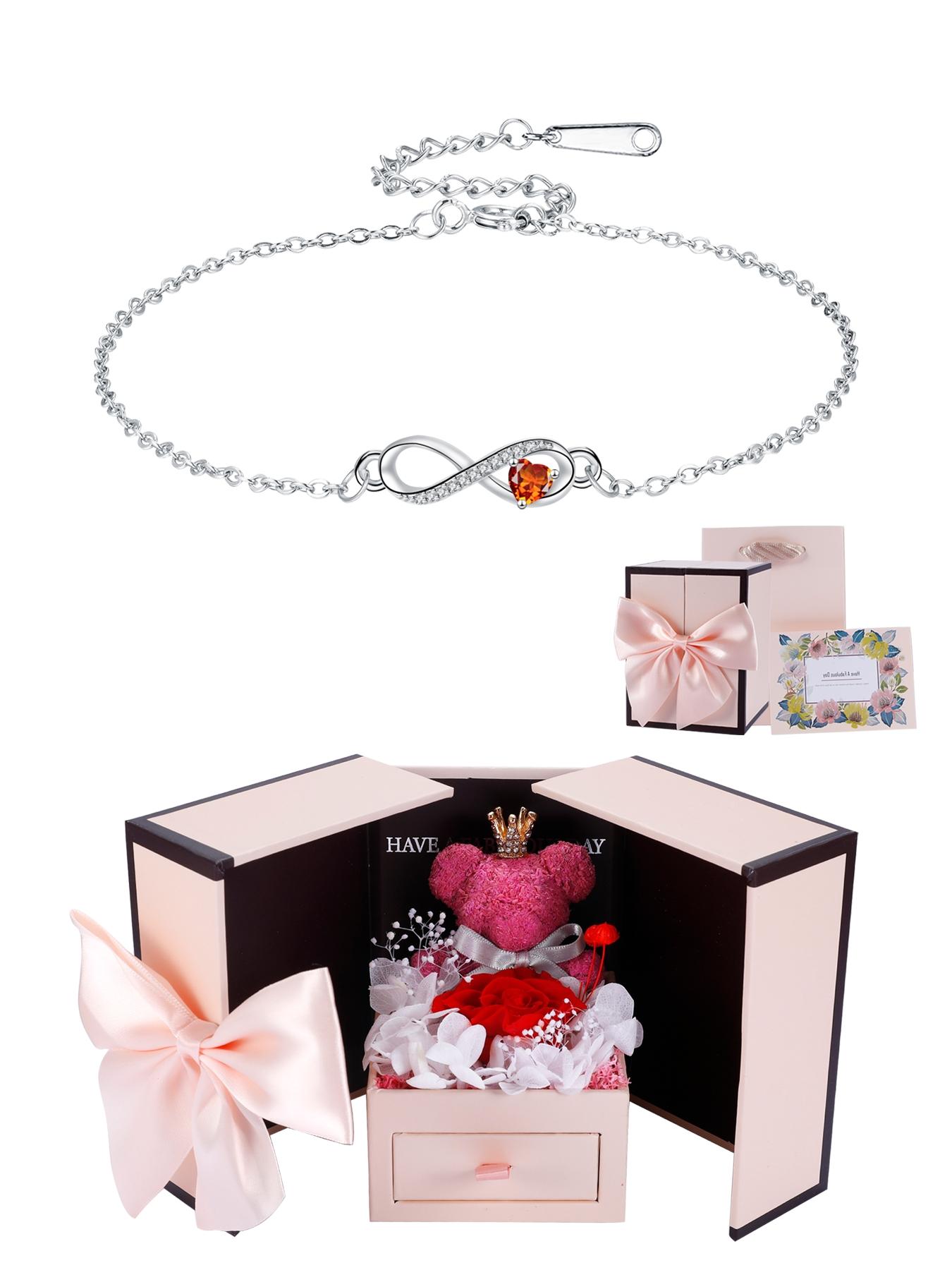 Love Heart CZ Birthstone Infinity Bracelets With Moss Bear Rose Jewelry Gift Box, Endless Love Symbol Bracelets for Women, Anniversary Birthday Christmas Jewelry Gift for Wife Mom Daughter, Heart Shaped Bracelet