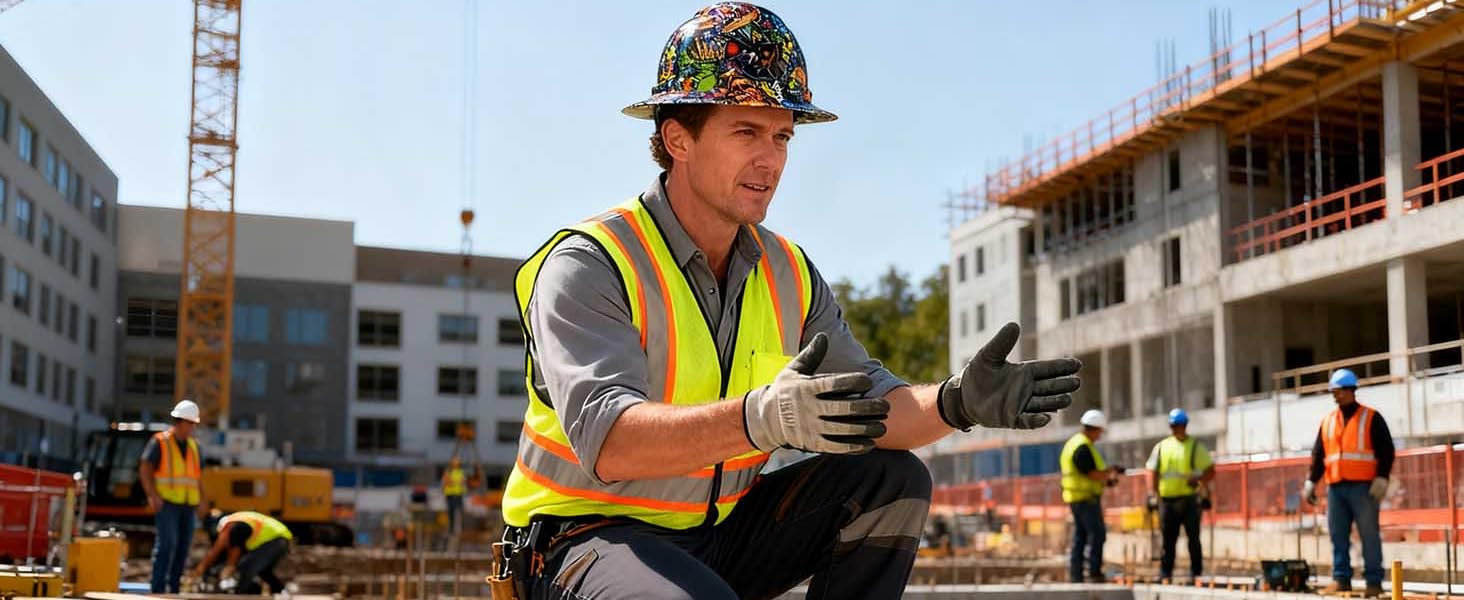 Unisex Sport Casual Full-Brimmed Visor Headgear with 360° Brim, HDPE Shell, Graffiti Art, Impact-Resistant Body, 1-Hand Adjust Dial Fit, Airflow Vents & Channels, All-Day Wear - Outdoor Work, Workshop Use