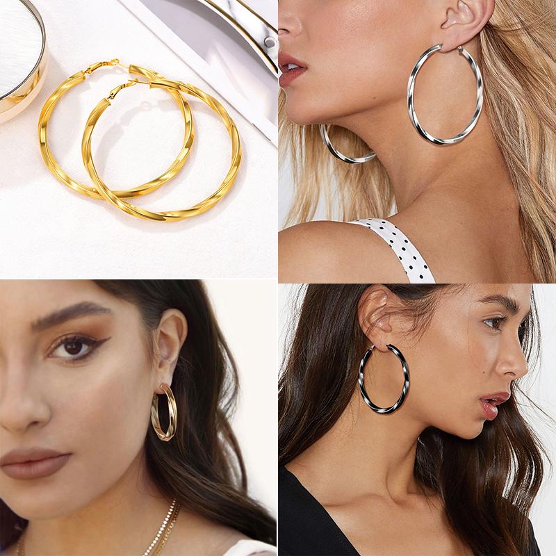 U7 30/40/60/70/80mm Hoop Earrings Bamboo Earrings for Women Stainless Steel Hip Hop Earrings for Party Fashion Jewelry