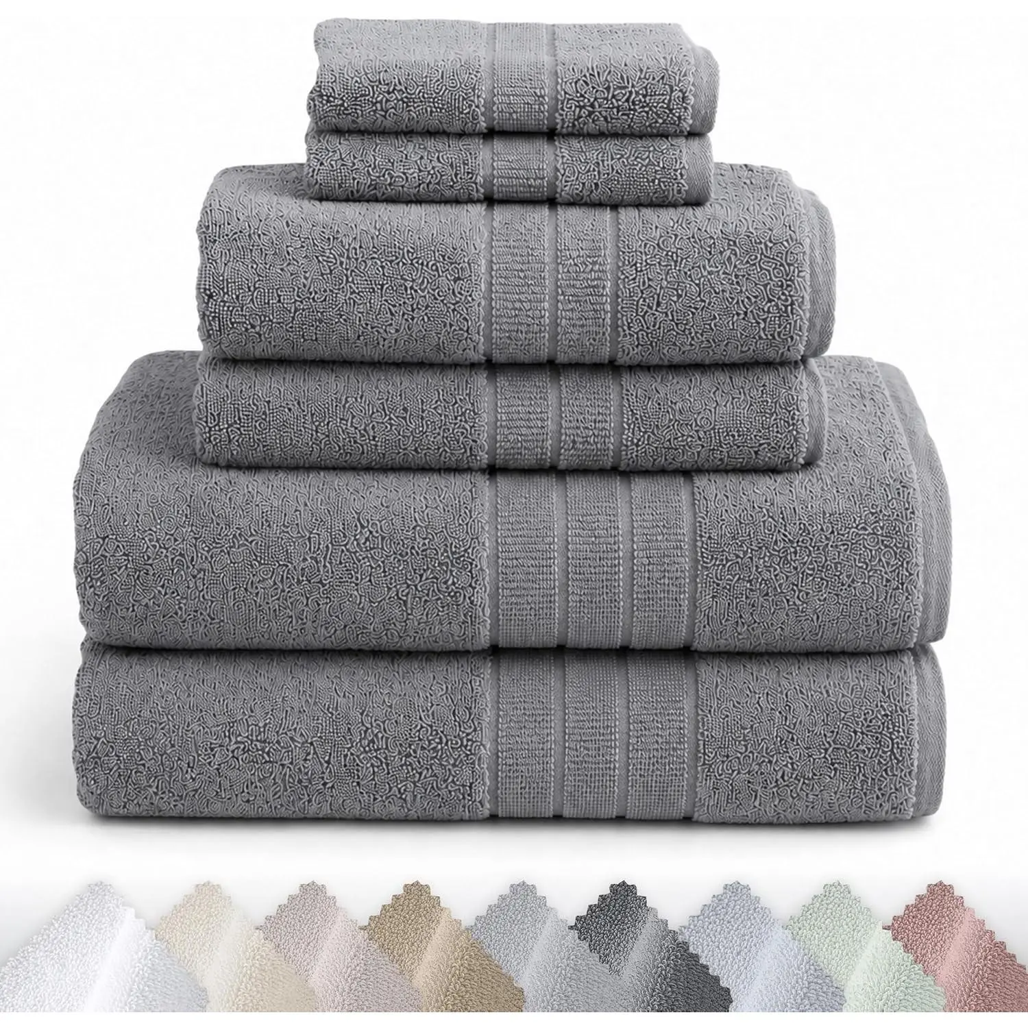 Organic Cotton Bathroom Towel Set of 6, Dark Grey | 100% Organic Turkish Cotton, 6-Pc Set: 2 Bath, 2 Hand Towels, 2 Washcloths, 550 GSM, GOTS Certified, Quick-Dry & Absorbent