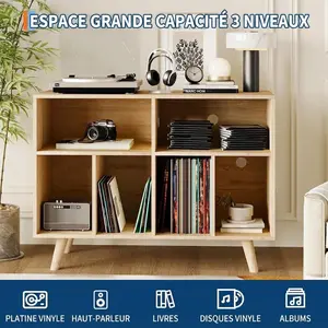 350 Album Capacity Vinyl Record Player Stand, Wood Turntable Table with Power Outlet, Mid Century Media Console Storage Cabinet for Living Room