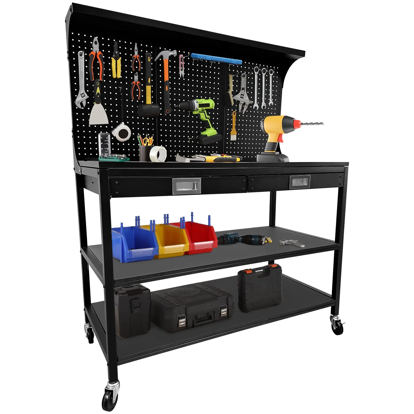 Garvee 48 Inch Workbench, Heavy Duty Steel Tool Workbench with 2 Drawers and 2 Storage Shelves, Multifunctional Work Table with Pegboard and Wheels for Garage, Workshop, Basement