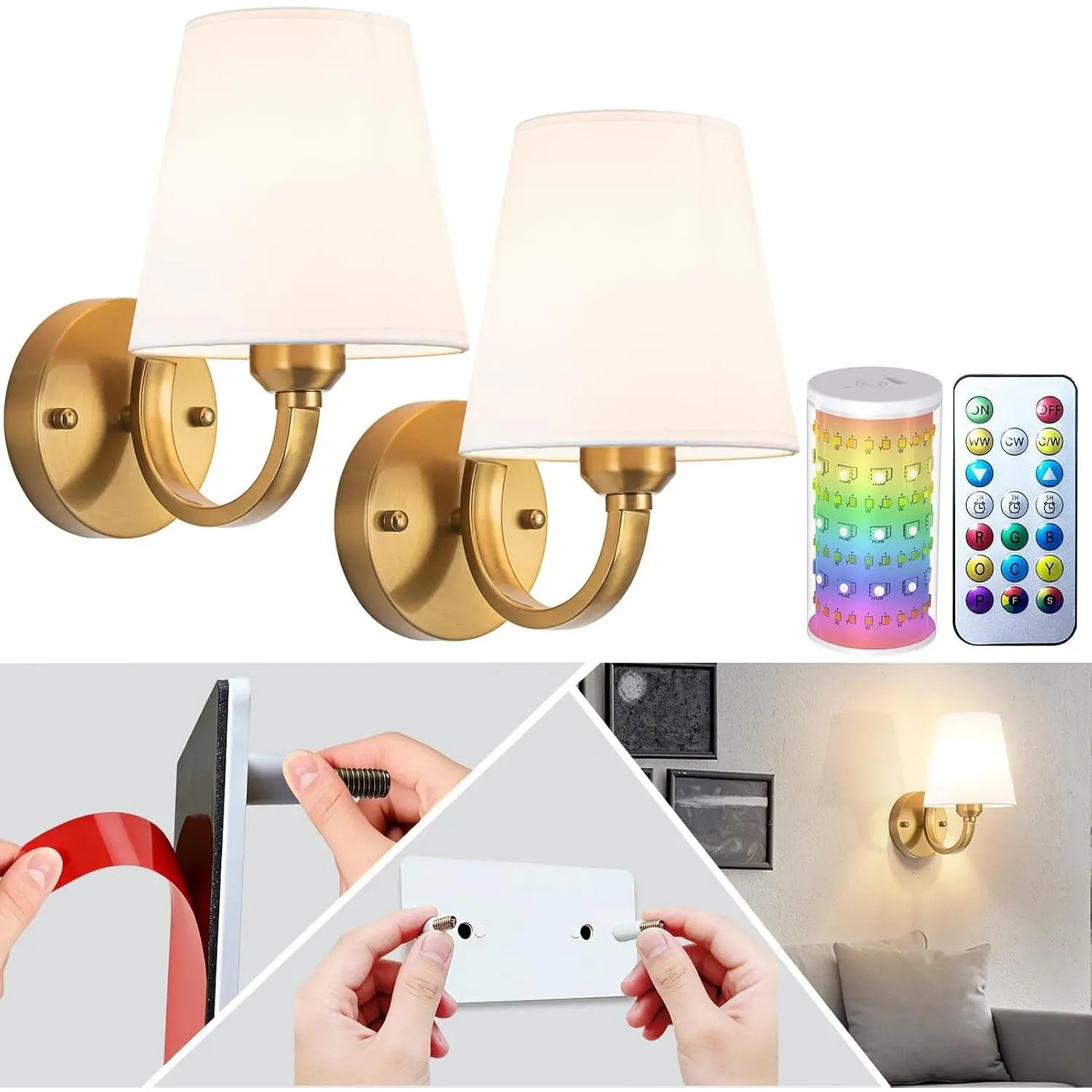 Peel and Stick Wall Sconces, Stick On Wall Sconces Battery Operated, Wireless Adhesive Wall Sconce with 10000mAh Battery Corn Bulb, No Drilling Wall Lamp for Bedroom Living Room