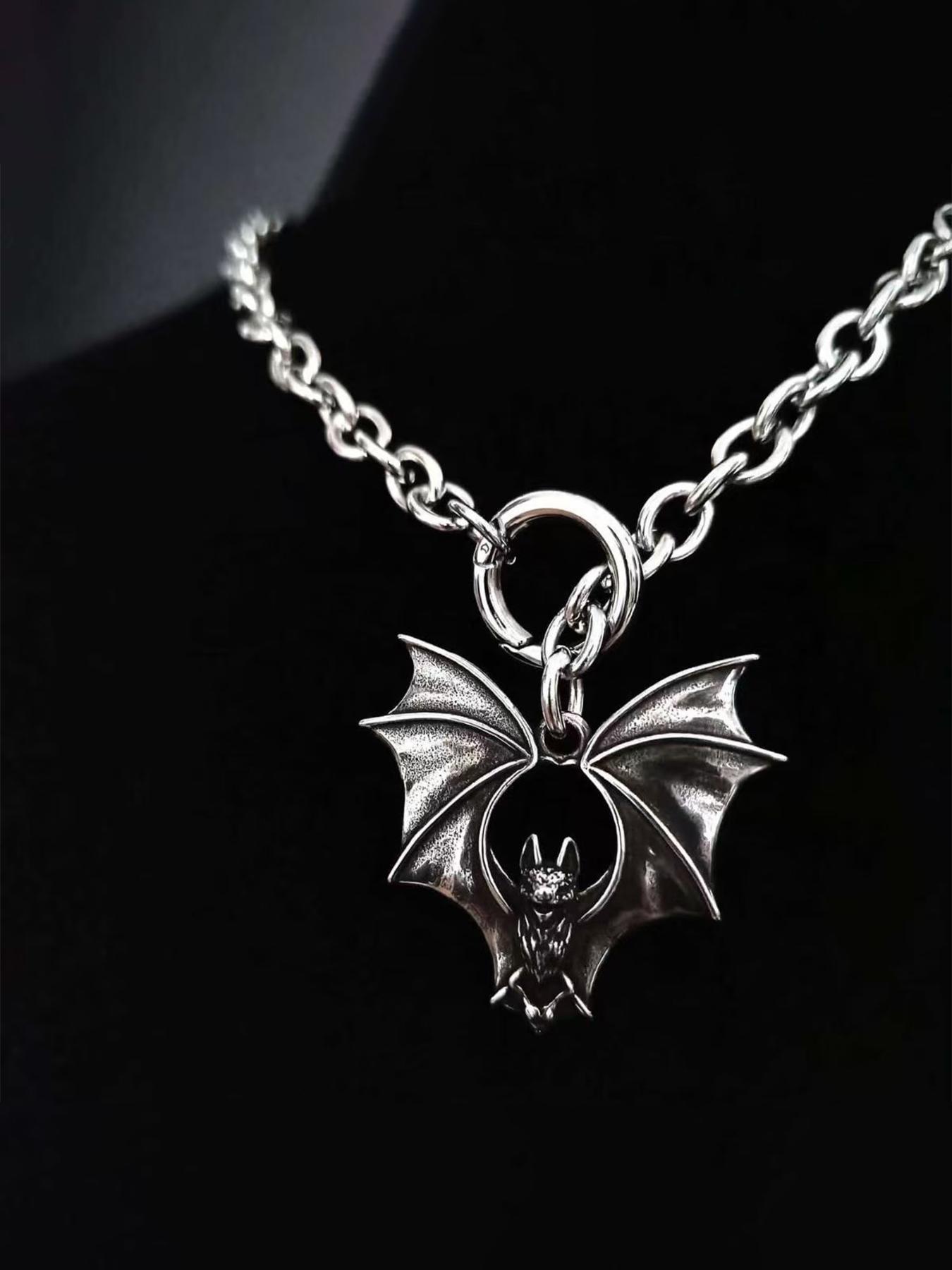 Gothic Dark Style Bat Pendant Long Necklace, Vintage Punk Unisex Party Design, Unique Personalized Jewelry for Men and Women, Gothic Mystery Jewelry