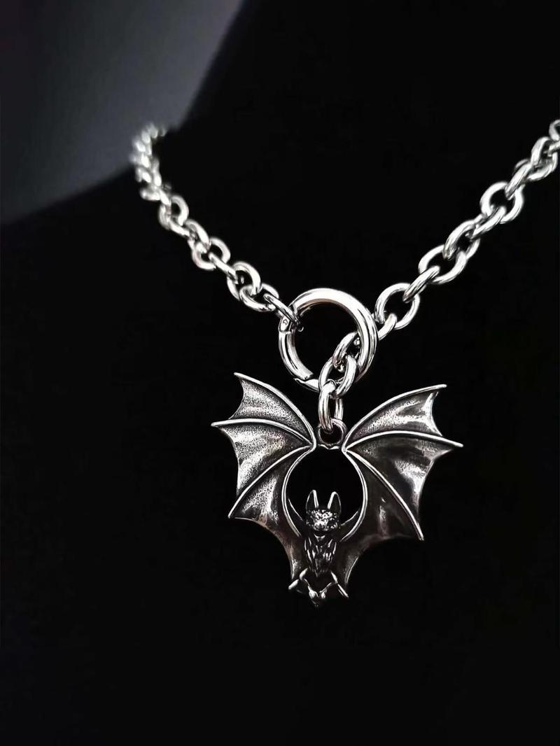Gothic Dark Style Bat Pendant Long Necklace, Vintage Punk Unisex Party Design, Unique Personalized Jewelry for Men and Women, Gothic Mystery Jewelry