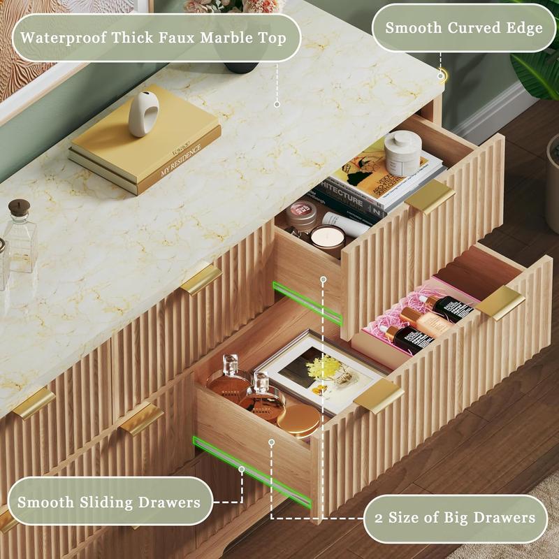 Fluted Dresser for Bedroom with 7 Drawers, 53'' Modern Dressers with Faux Marble Top, Mid Century Chests of Drawers with Gold Handle & Curved Profile, Natural Wood TV Dresser for Bedroom, Living Room Fluted Dresser for Bedroom with 7 Drawers, 53'' Modern Dressers with Faux Marble Top, Mid Century Chests of Drawers with Gold Handle & Curved Profile, Natural Wood TV Dresser for Bedroom, Living Room