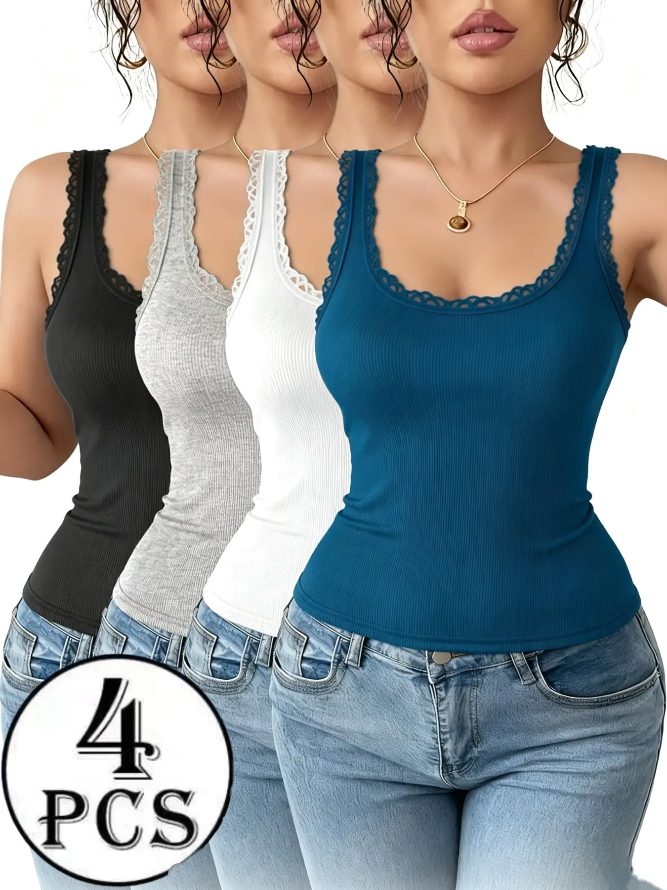 4 Pack Women’s Lace Trim Cami Tank Tops Camisole with Ribbed Slim Fit Design and Solid Pattern, Cute Summer to Fall Transitional Basic Everyday Sleeveless Shirts for Women
