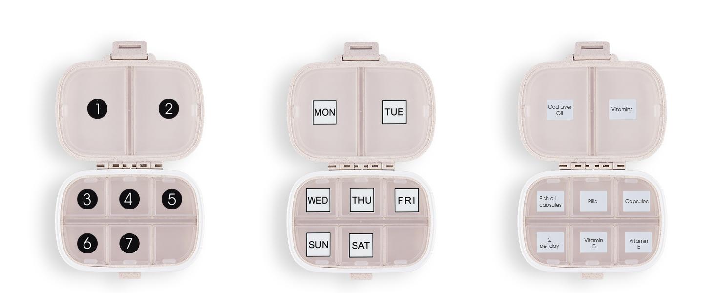 Holii Plastic-Shell Pill Organizer, 8-Compartment Portable Unisex Pill Case for Travel/Office, Daily Container for Vitamins in Pocket or Purse (Khaki)